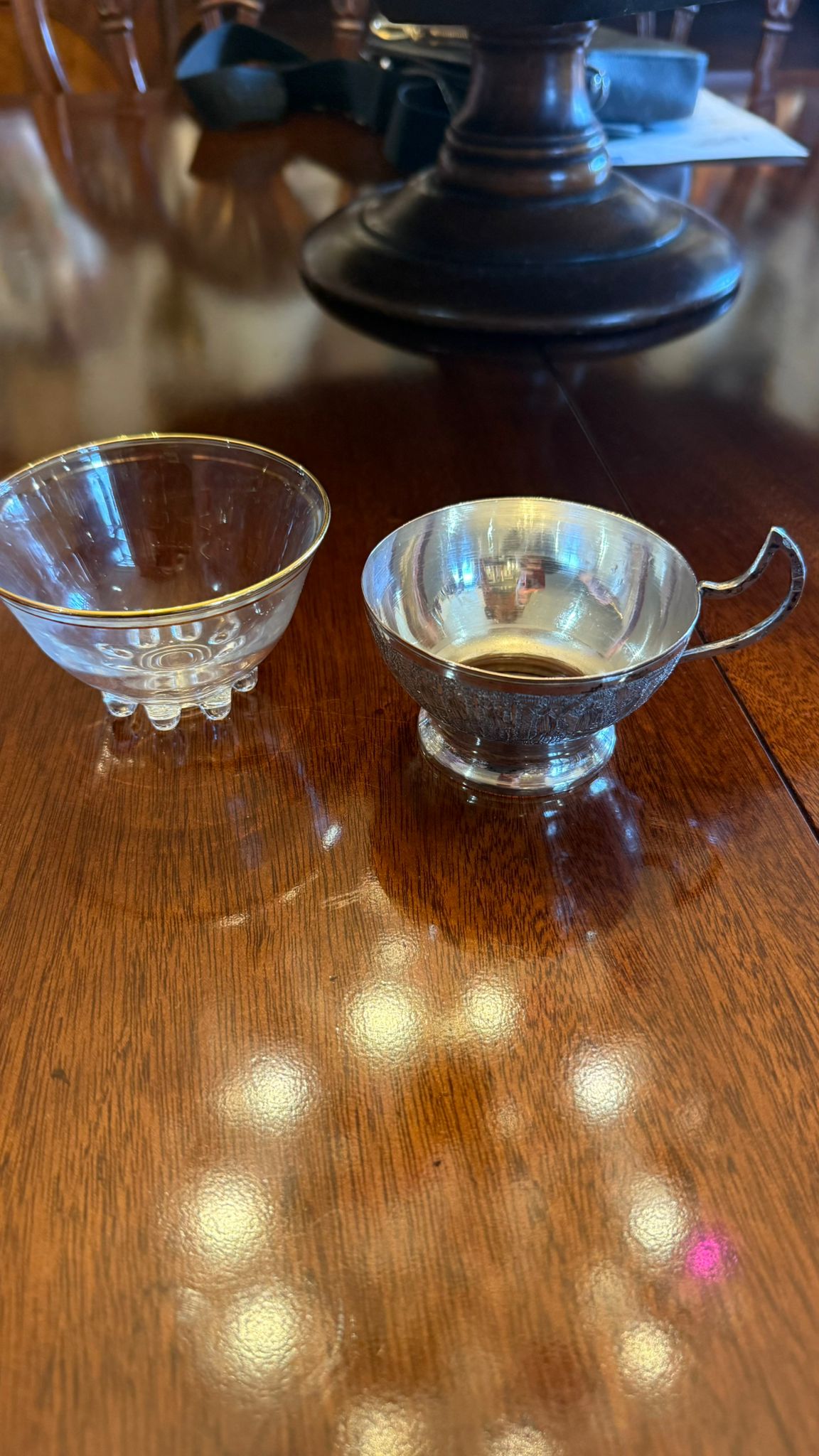 Six Solid silver Persian tea cup holders and sugar bowl with original glass liners