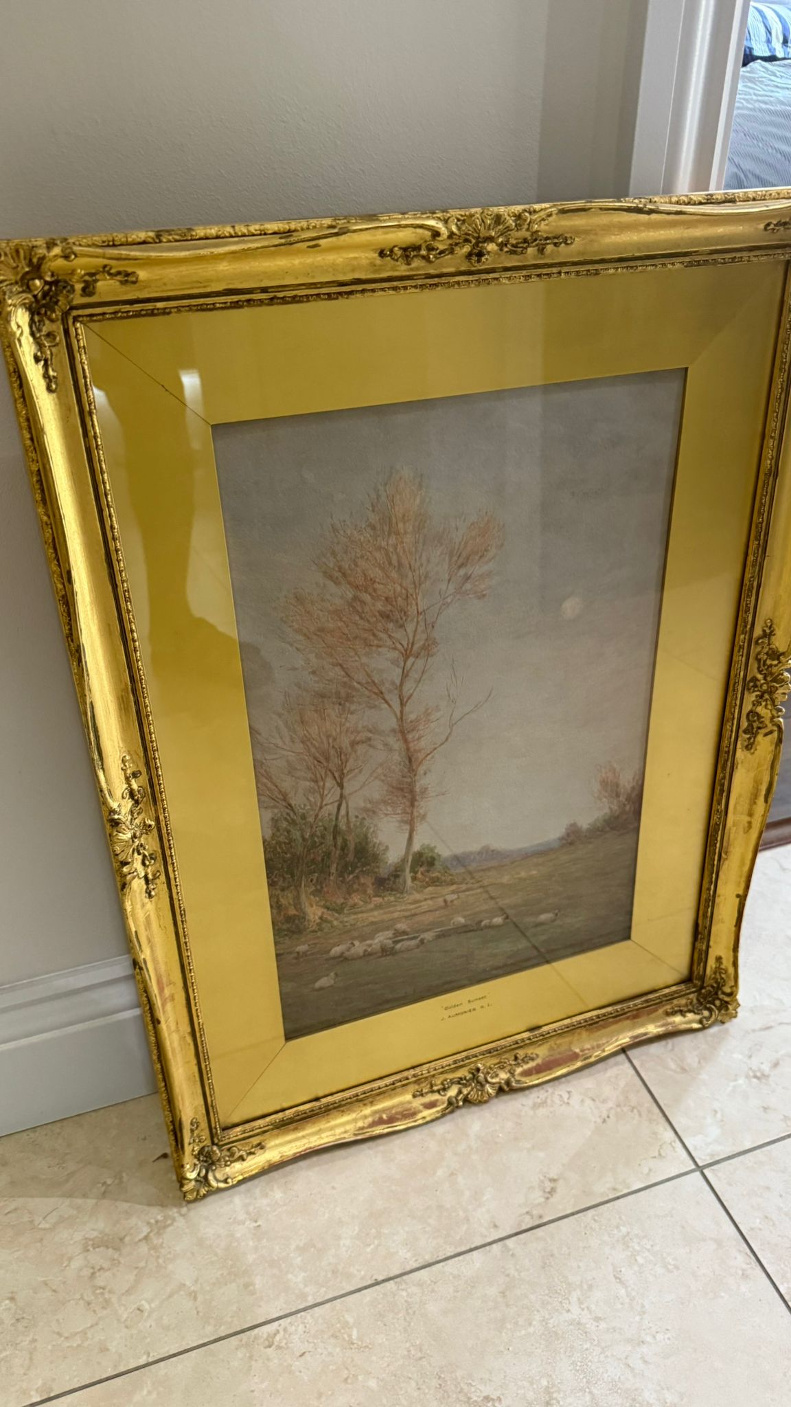 Framed watercolour by Victorian artist Aumonier who exhibited at the Royal Academy c1890
