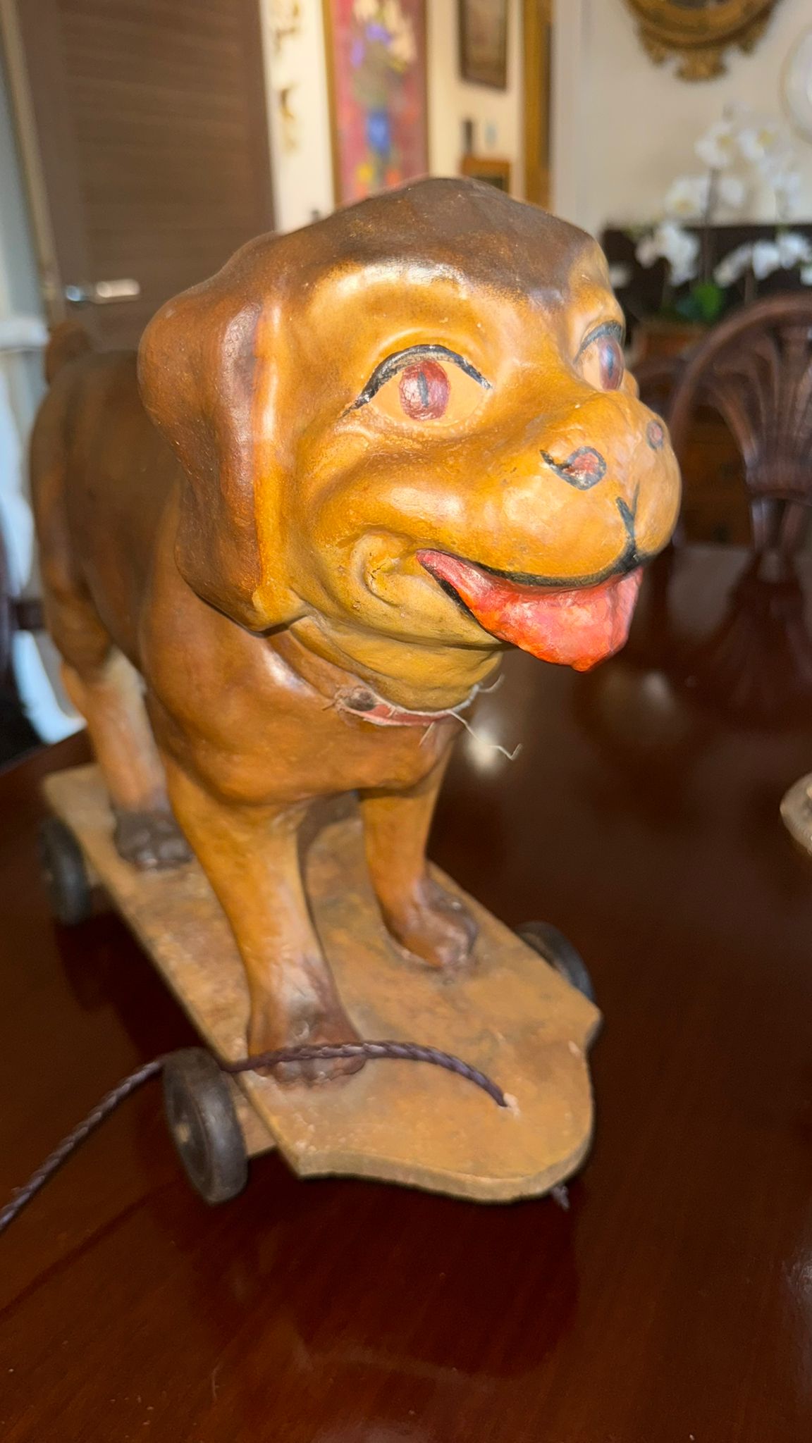 Pull along toy of a pug