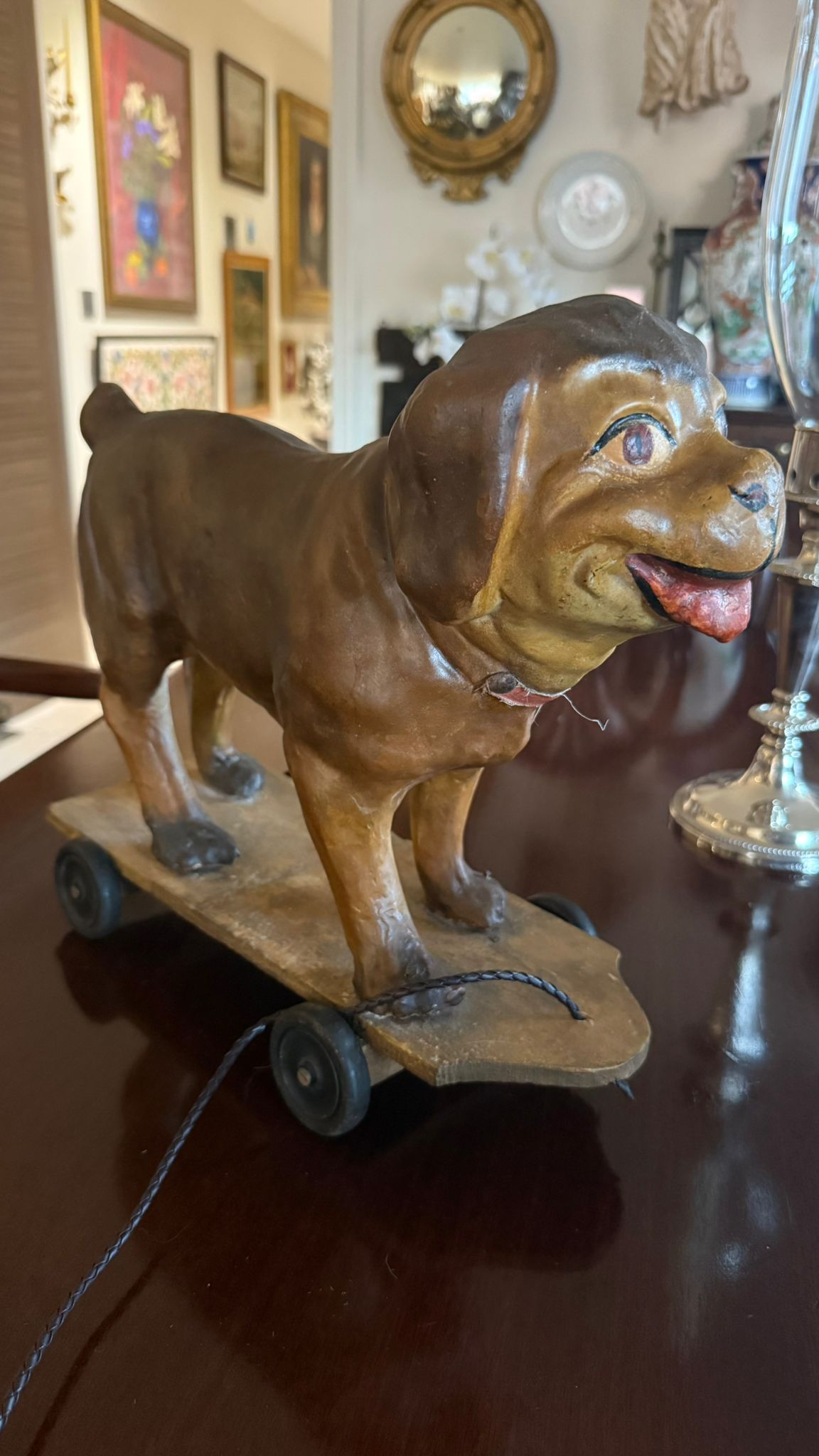 Pull along toy of a pug