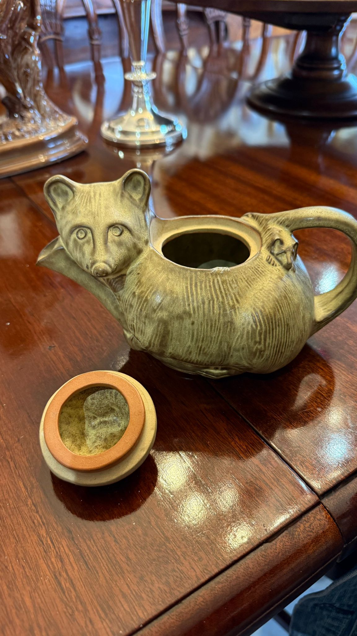 Terracotta teapot of a possum and babies c1950