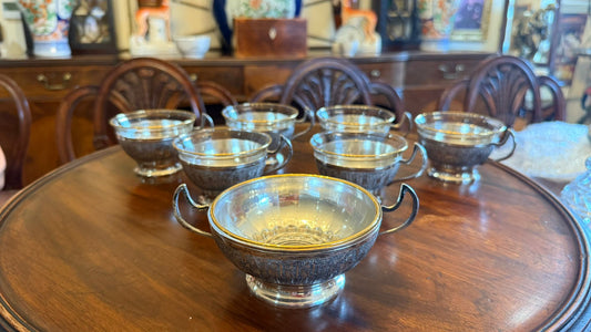 Six Solid silver Persian tea cup holders and sugar bowl with original glass liners