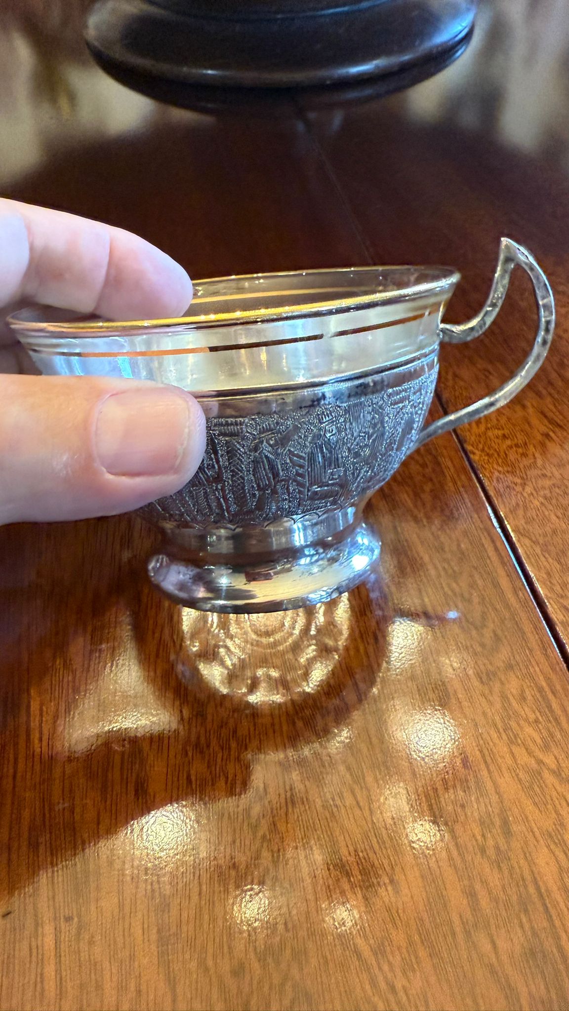 Six Solid silver Persian tea cup holders and sugar bowl with original glass liners
