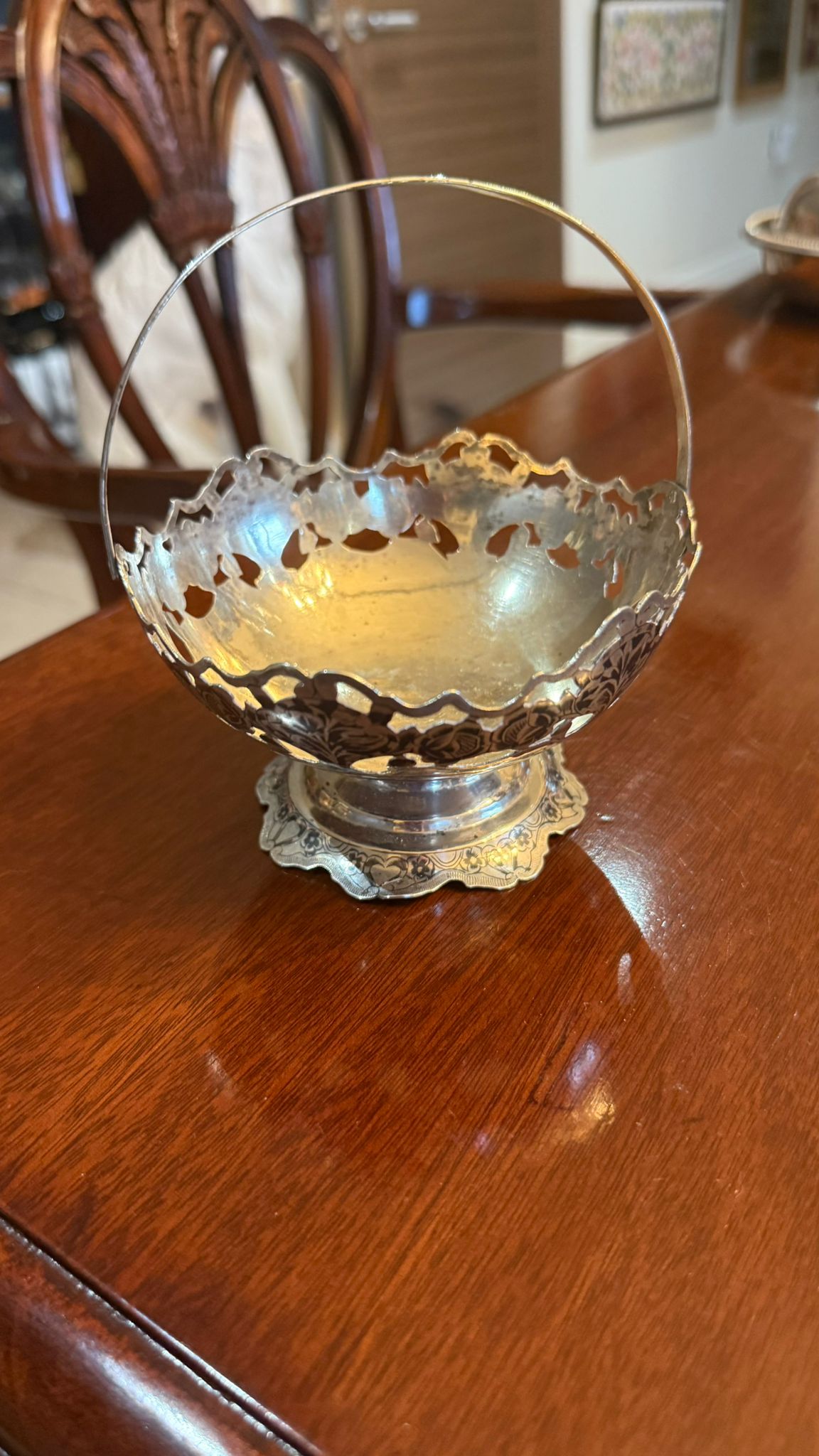 Small silver plated sweet basket with handle and gorgeous niello work