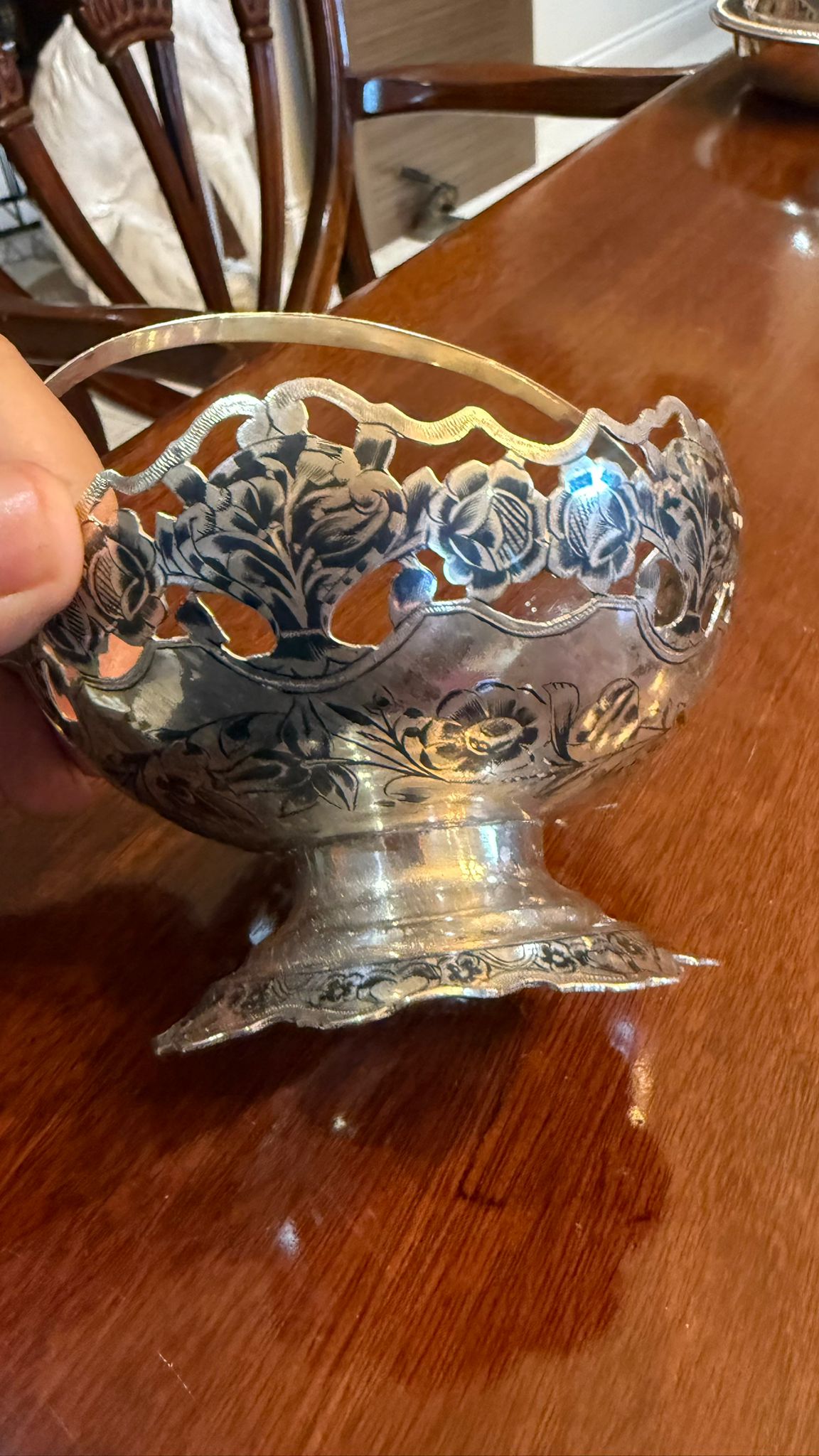Small silver plated sweet basket with handle and gorgeous niello work