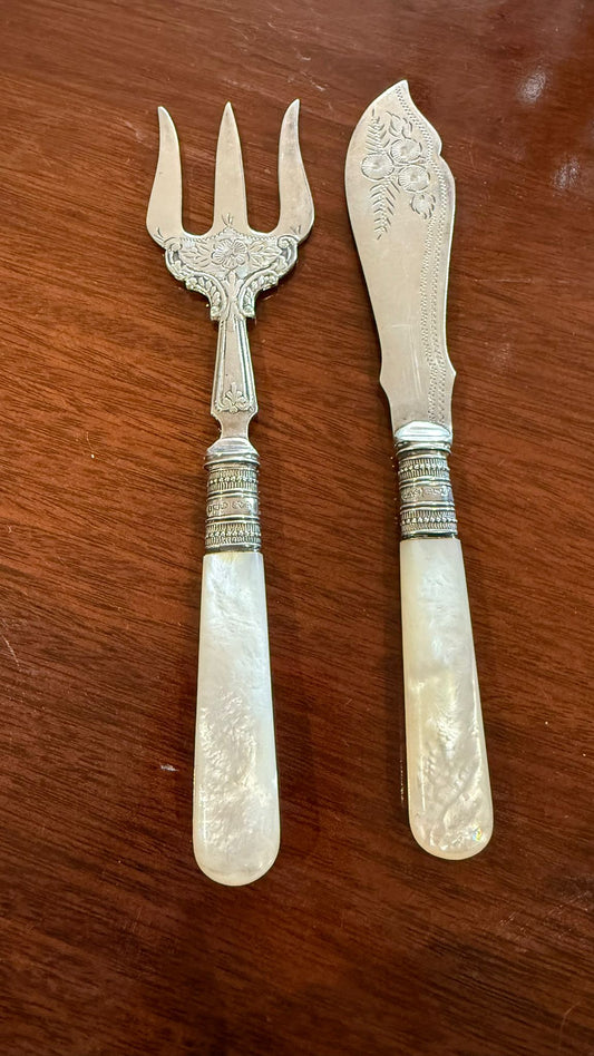 Silver plated small knife and fork with mother of pearl handles