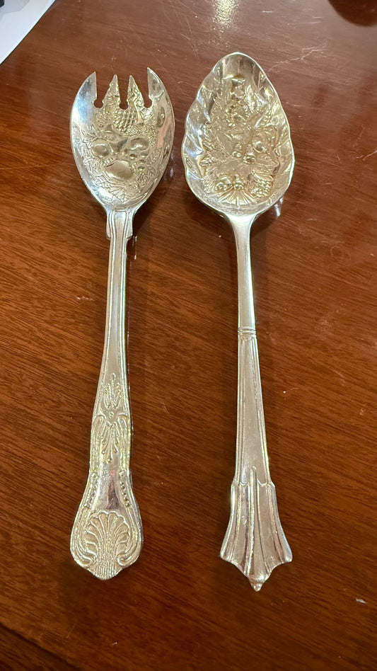 Pair of silver plated serving spoons for fruit