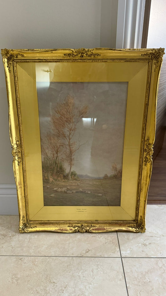 Framed watercolour by Victorian artist Aumonier who exhibited at the Royal Academy c1890