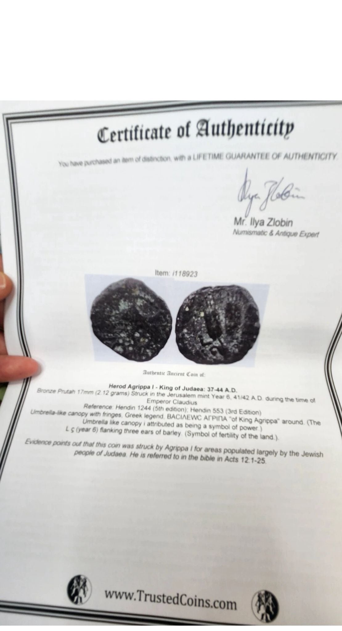 Coin depicting Herod 75BC with authentication