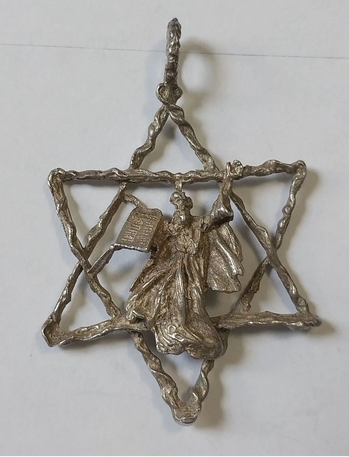 Sterling silver Star of David showing Moses holding the 10 Commandments