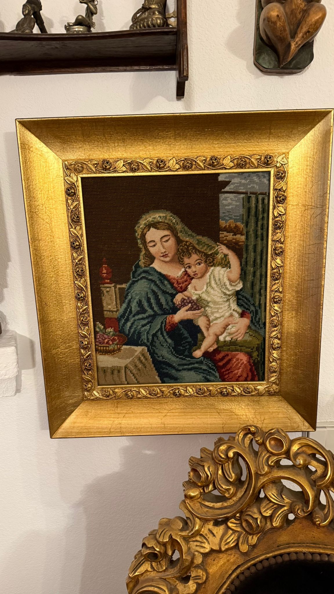 Hand sewn tapestry in frame