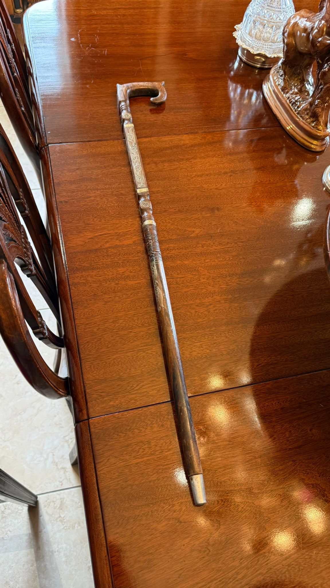 Wood walking stick inlaid with bone and brass c1910