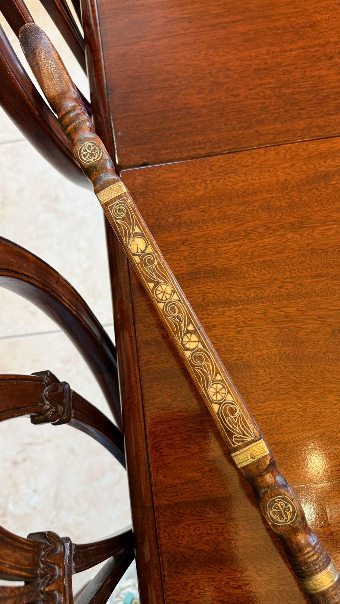 Wood walking stick inlaid with bone and brass c1910