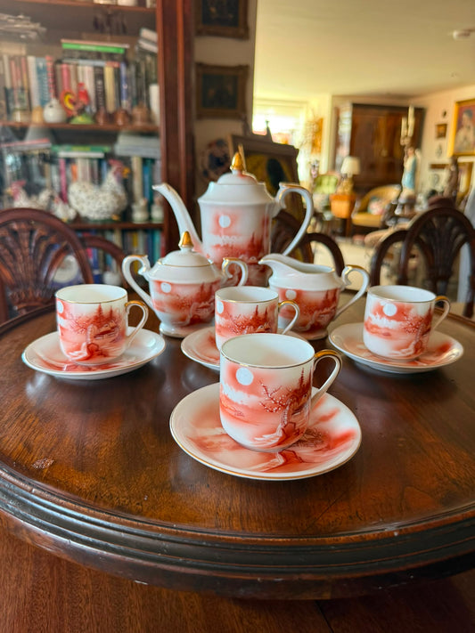 Coffee set for 4. Japanese 1930,s with Geisha visible at bottom of cup